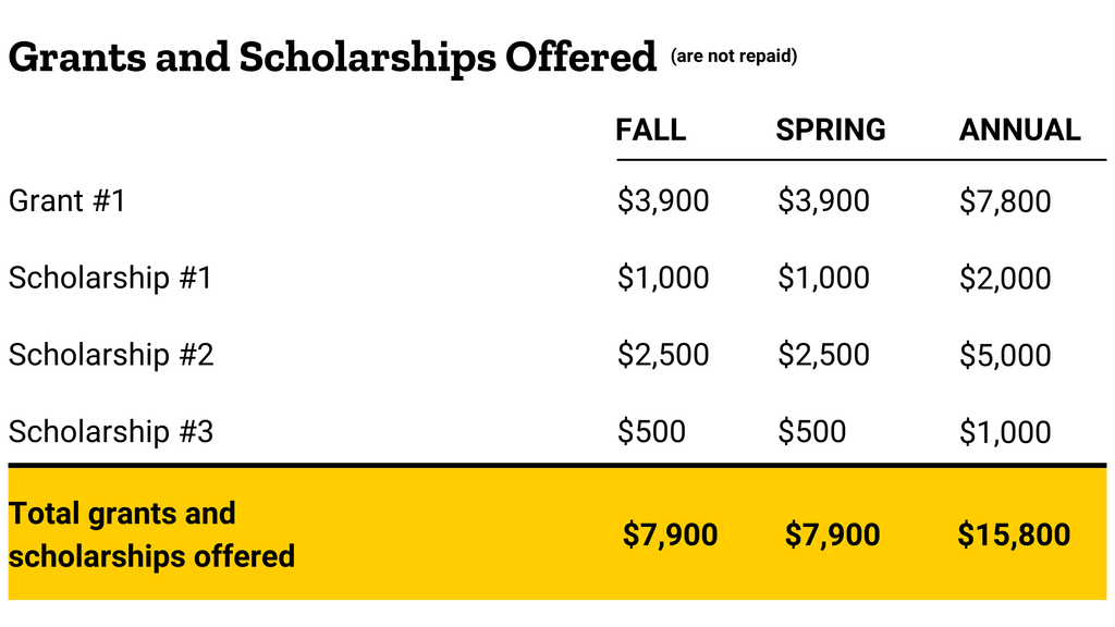 A student's offered grants and scholarships show in this section. If no grants and scholarships are offered, this section will not appear on the aid offer.