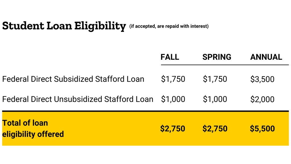 A student's loan eligibility will show in this section. Loans will need to be repaid, with interest.
