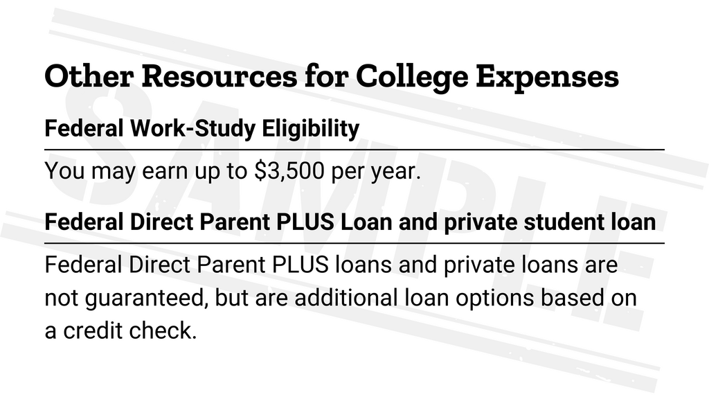 Other resources for college expenses includes work-study, parent loans, private loans, and the deferred payment plan.