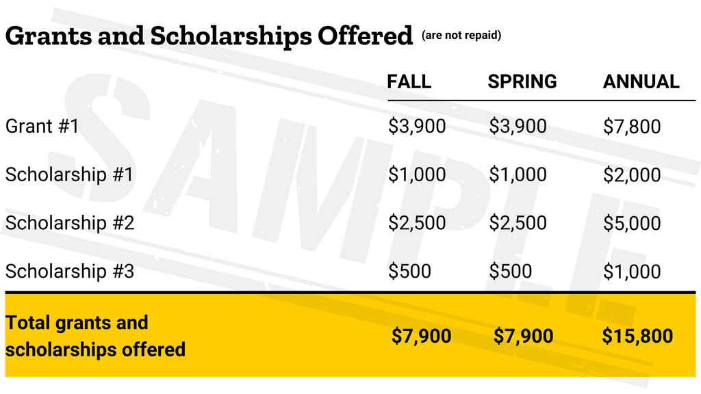 Scholarships and Grants offered will show the different scholarships and grants you've received, if any.